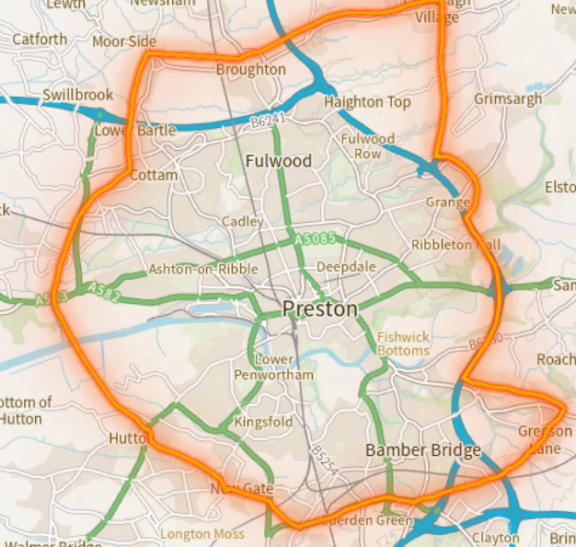 Map highlighting Preston and surrounding areas with an orange boundary line for the AnyBus ticketing scheme area covering Preston, Bamber Bridge, Penwortham and Broughton